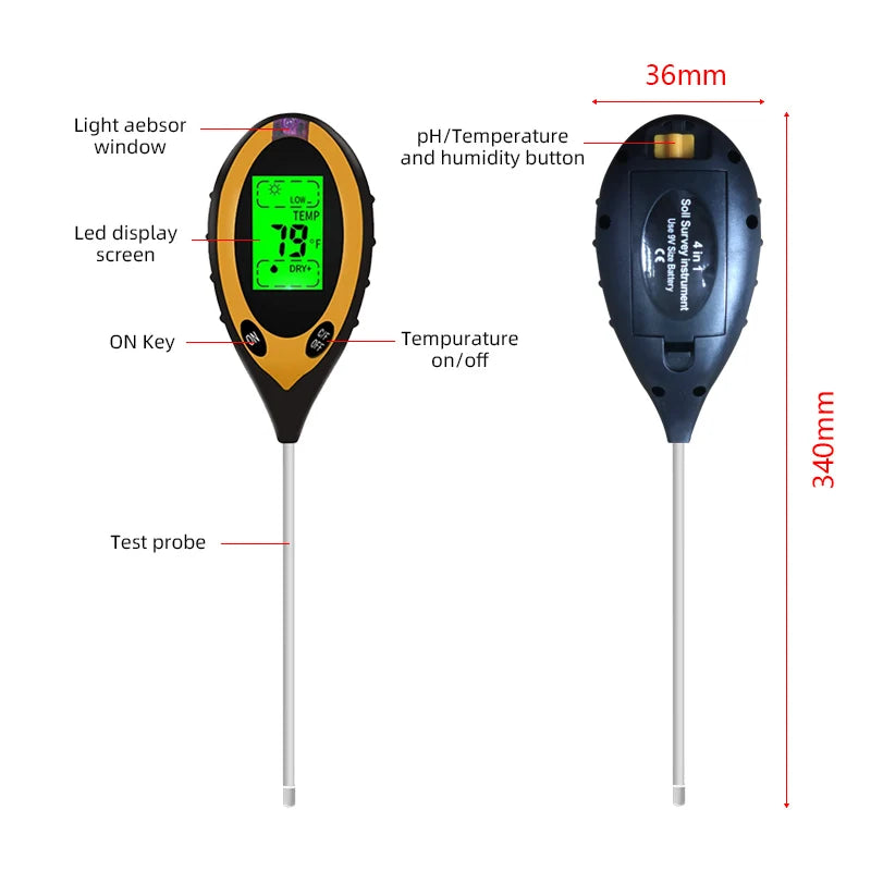 Soil PH Meter Tester Moisture Temperature Sunlight Intensity Qme