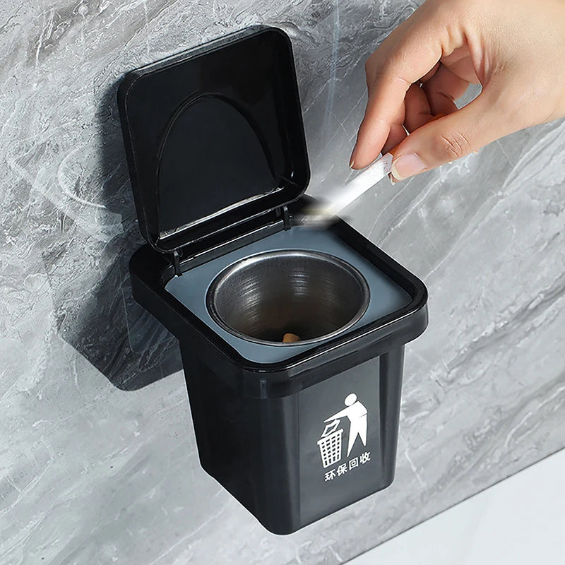 Trash Can Ashtray With Lid Stainless Steel Ashtray Bathroom Wall Hanging Notch Anti-fly Ash Ashtray Qme Black