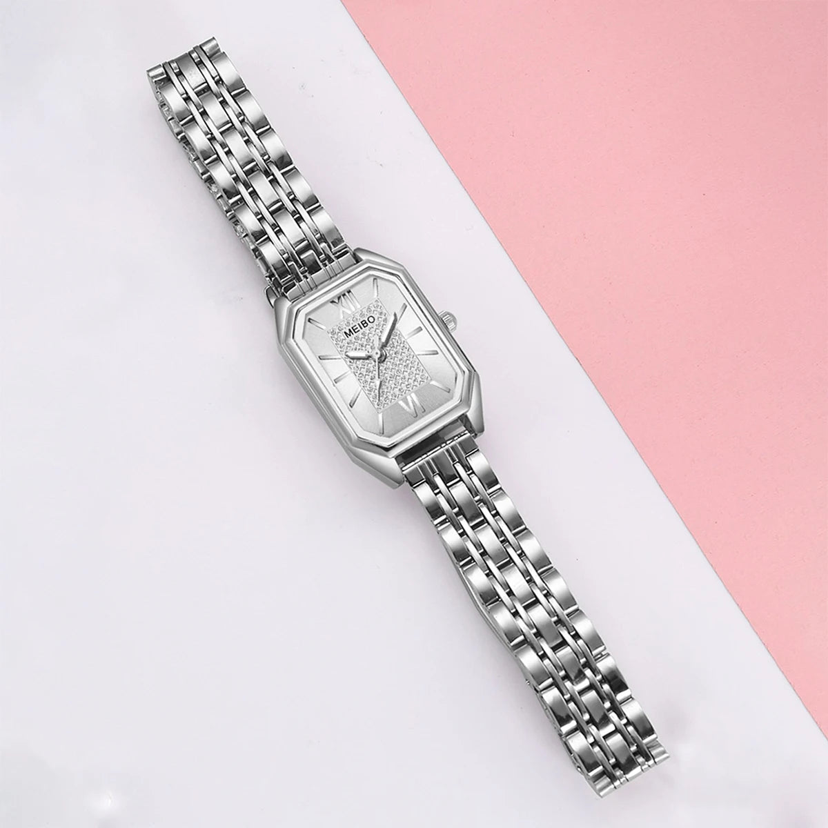 6 Pcs/set Women's Fashion Watch Rectangle Dial Quartz Watches Steel Band Silver Ladies Wrist Watches Bracelets Set Qme