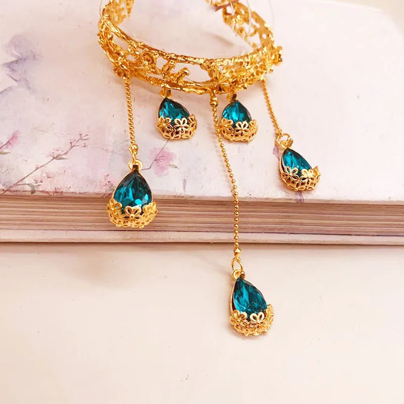 Antique Red Sapphire Water Drop Bell Open Bracelet Flying Sky Dunhuang Ancient Princess Bracelet Classic Ethnic Women's Jewelry Qme Blue
