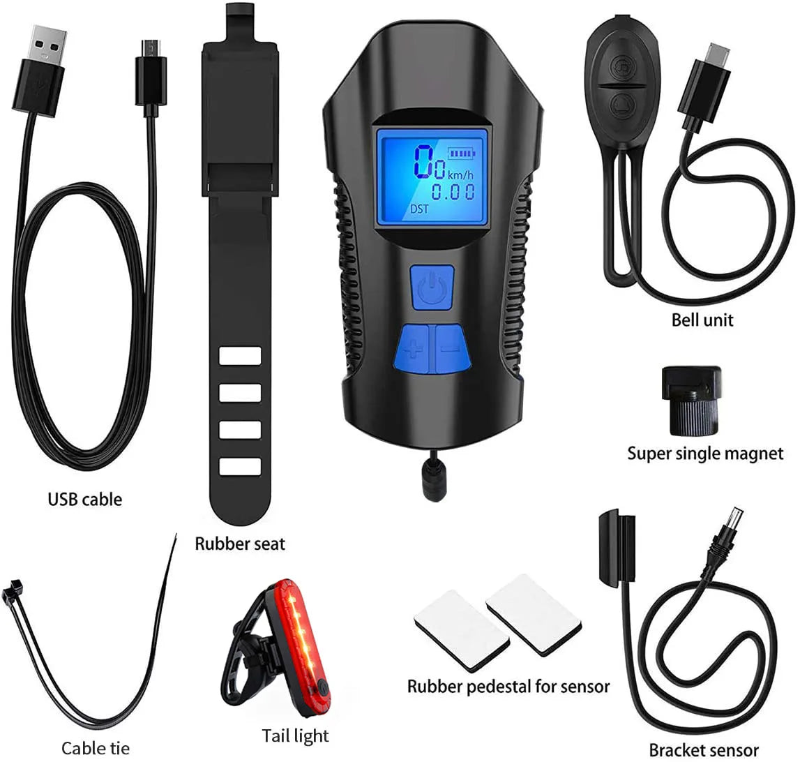 Bike Light Set,Bicycle Headlight with Horn and Speedometer Odometer,USB Rechargeable Bike Front Light and Tail Light Qme
