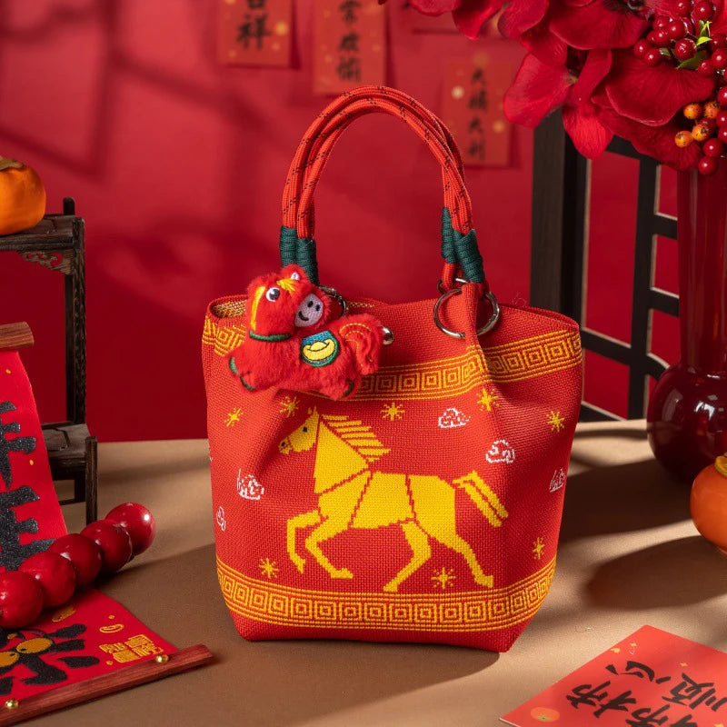 New 2026 Horse Year Cartoon Mascot Pony Knitted Bucket Bag For Women Fashion Large Capacity Portable Handbag New Year Gift Qme