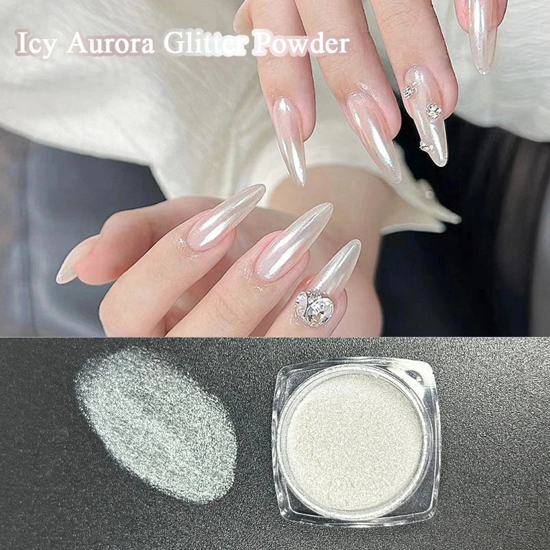 Icy Aurora Glitter Powder, Fairy Nail Glitter with Polarizing Shine, Transparent Holographic Mirror Glitter for Nail Art, 1g Qme