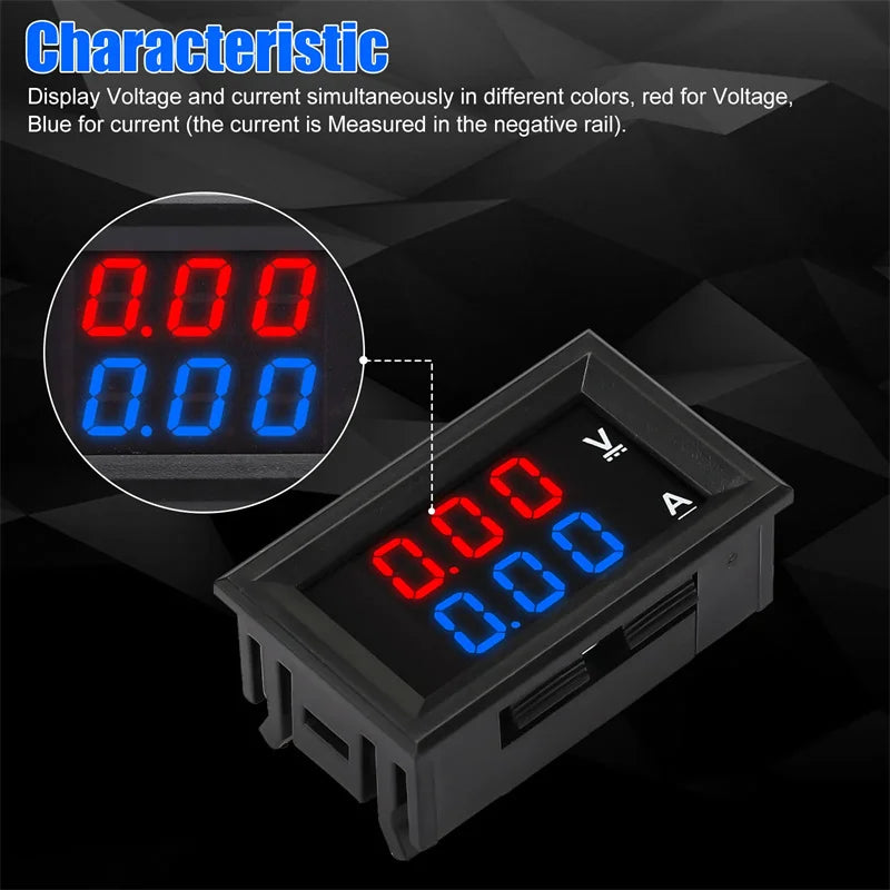 1Pc 0-100V 10A Digital Voltmeter Ammeter Dual Display Voltage Detector Current Meter Panel Volt Gauge 0.28" Red Blue LED. Qme