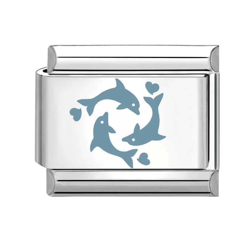 Cartoon Cute Blue Fishs Dolphin Laser Engraving Italian Charm Links