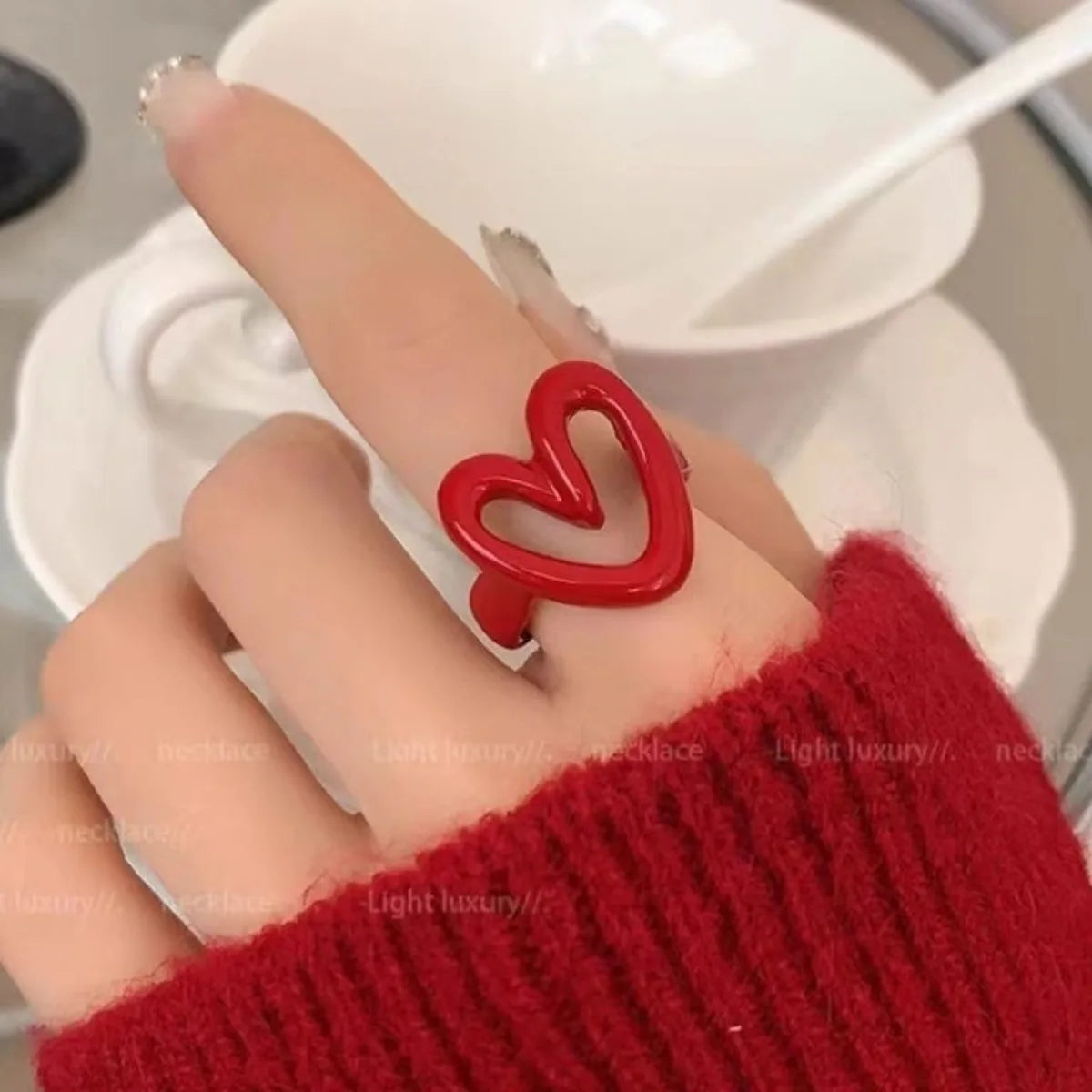 White Red Enamel Heart Sweet Ring Trendy Geometric Dripping Oil for Women Girls Funny Y2K Rings Festive Jewelry Gift Wholesale Qme