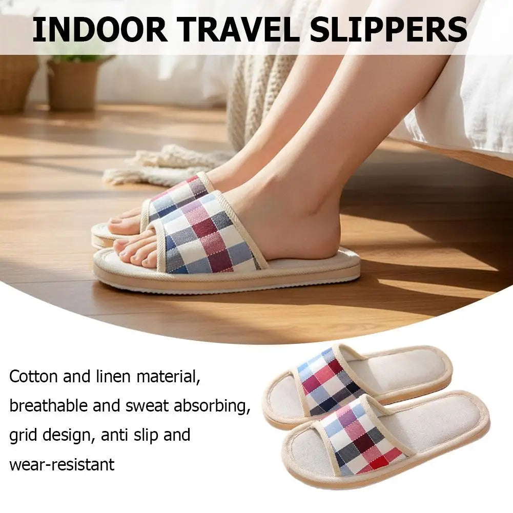 Women's Linen Slippers Indoor Home Use Non-slip Summer Bedroom Open-toe Flat Shoes Home Floor Couples Men Breathable Slides Qme