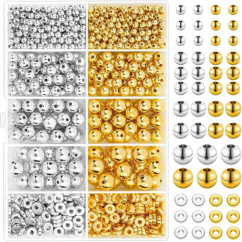 1000pcs Golden Spacer Beads Kit CCB Ball Round Smooth Loose Beads Kit For Bracelets Making Craft DIY Jewelry Making Supplies Qme Mixed