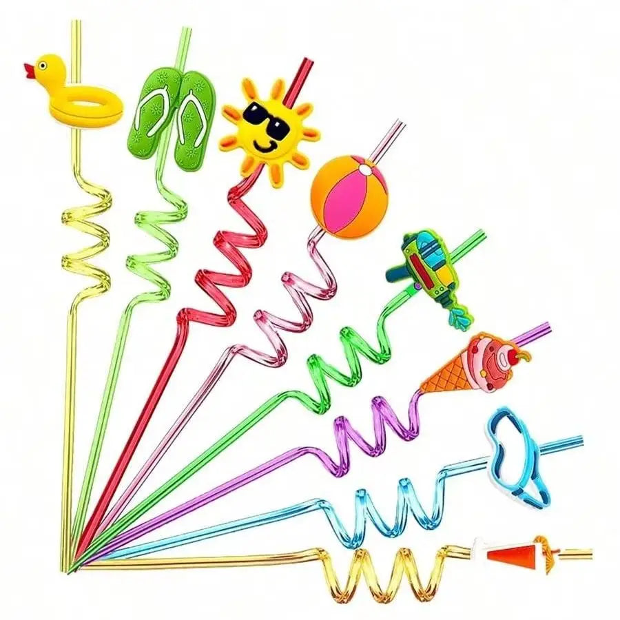 8 Colored Reusable Cartoon Straws Durable Plastic Milk Water Qme 8pcs