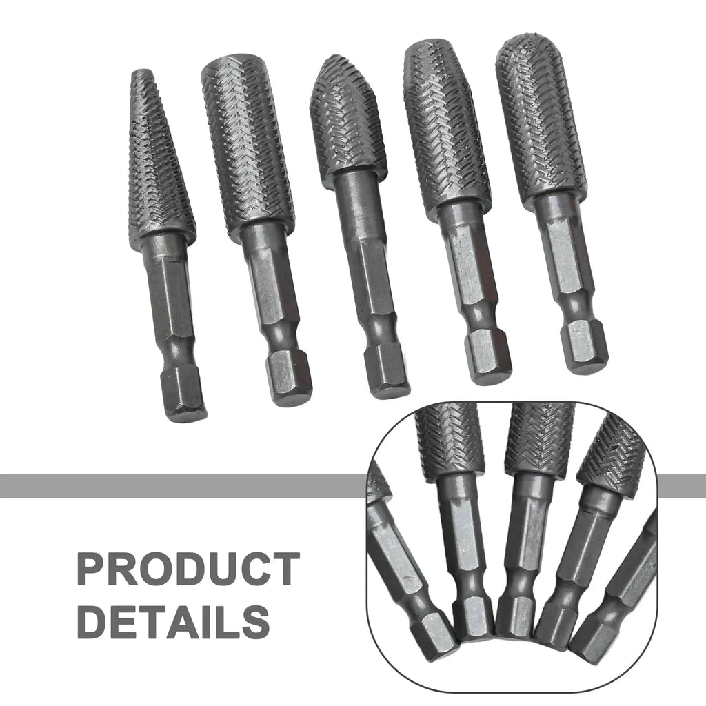 5Pcs/set Rotary Rasp 1/4 Inch Hex Shank Rotary Steel File Drill Bits Burrs Grinding Grooved Sanding Engraving Grinding Tools Qme