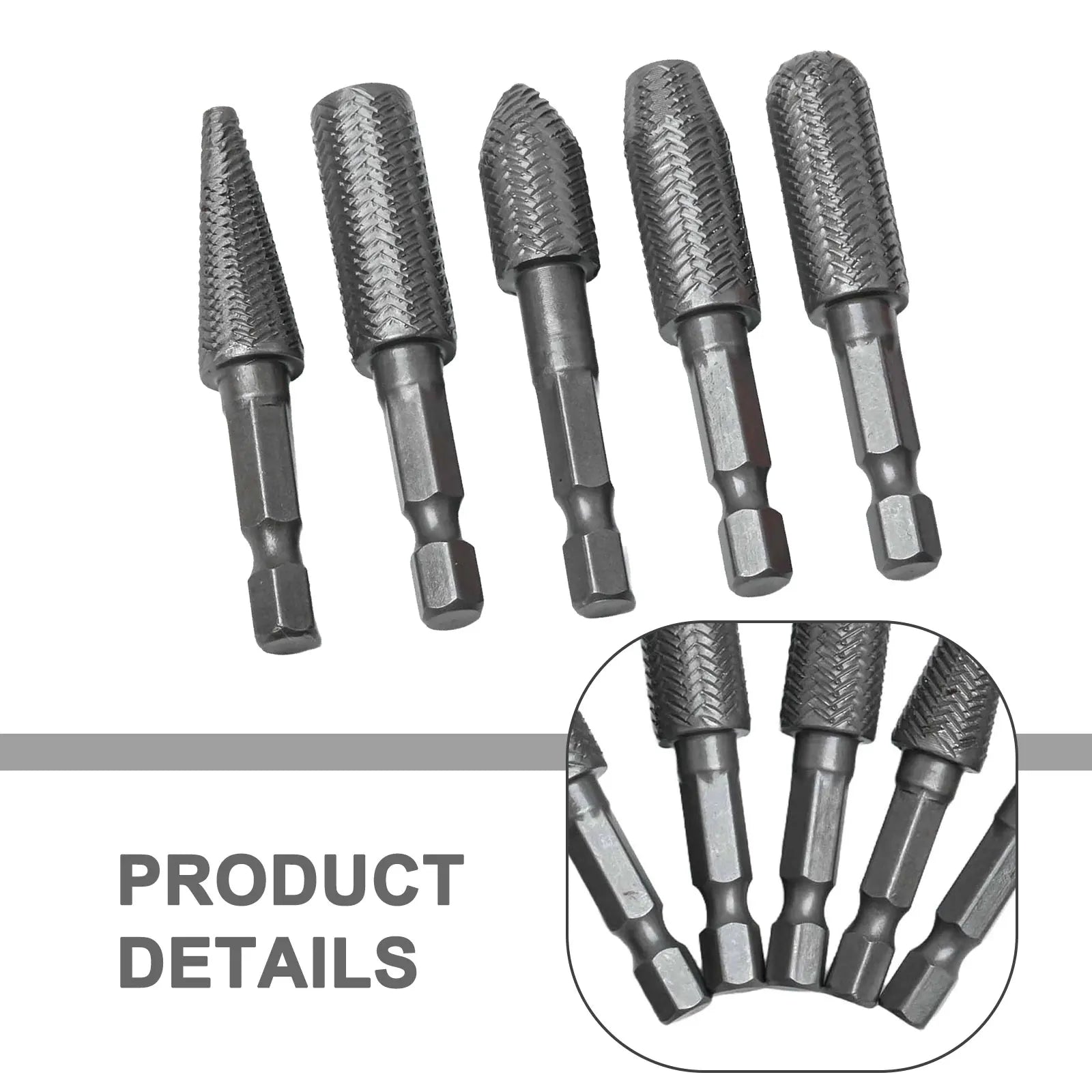 5Pcs/set Rotary Rasp 1/4 Inch Hex Shank Rotary Steel File Drill Bits Burrs Grinding Grooved Sanding Engraving Grinding Tools Qme