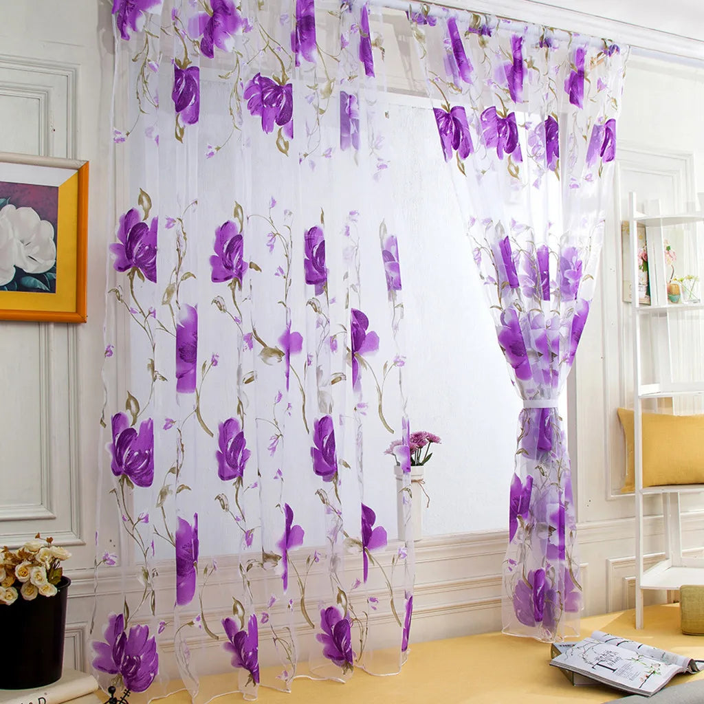1/2 PCS Vines Leaves Tulle Door Window Curtain Drape Panel Sheer Scarf Valances Colorful Floral Pattern Transparent Curtains Qme Purple