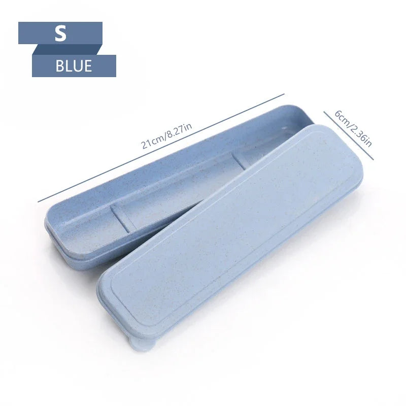 Portable Travel Tableware Eco-friendly Storage Box Case Food Grade Dinnerware Kitchen Fork Spoon Box Kid Cutlery Set Organizer Qme 21CM Blue