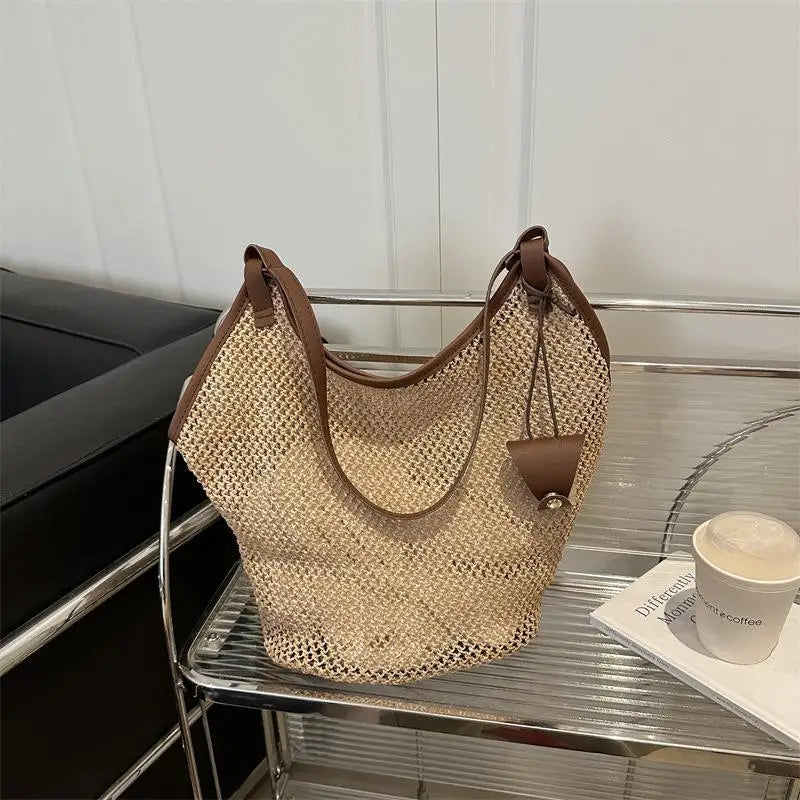 Hollow Out Straw Woven Bag Parent Shoulder Bag Tote Bagwith Sunglasses Clip Bohemian Beach Handbag Bucket Bag Qme A2