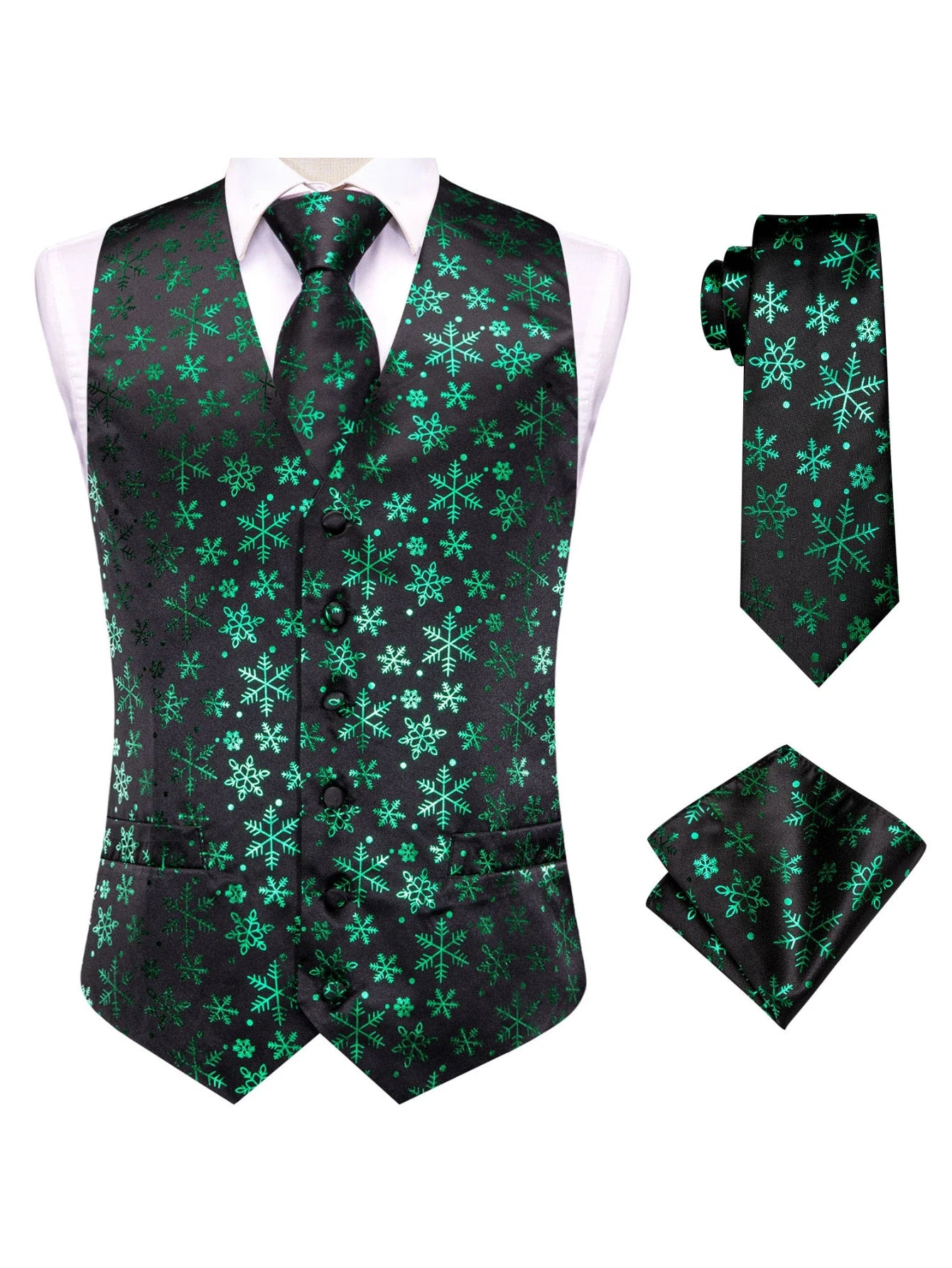 Green Men Vest Three-piece Suit Dress Waistcoat Tie Pocket Square Qme MJ-3080 S