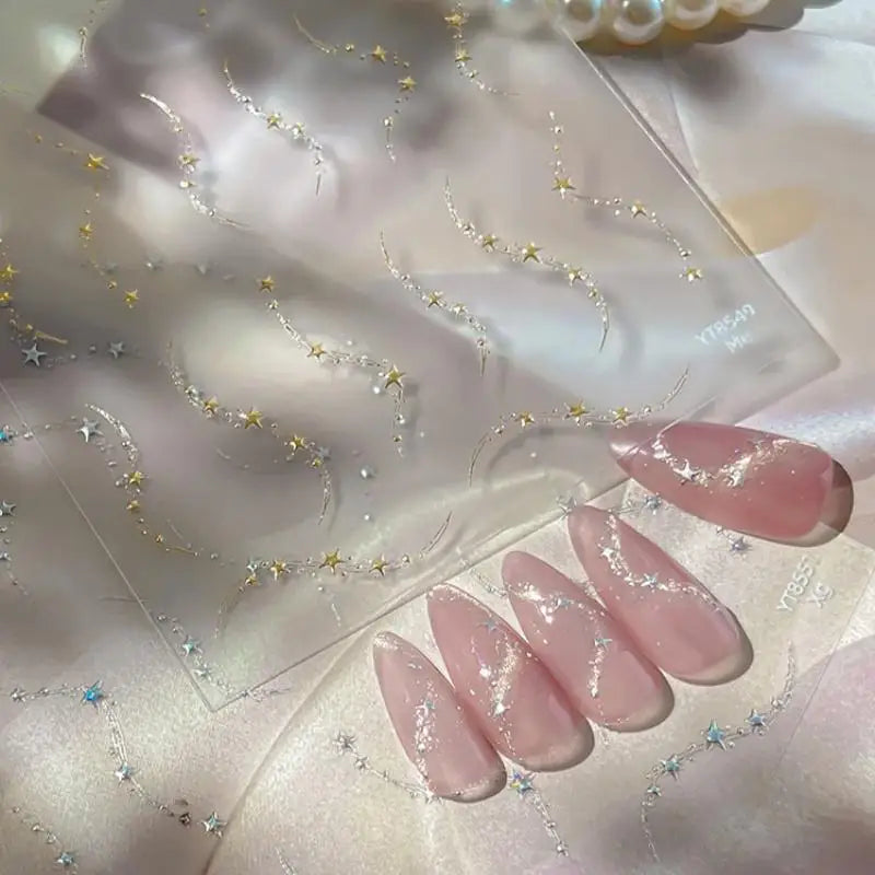 Luxury Stars Chain Nail Stickers Holography Gold Silver Wavy Star Qme