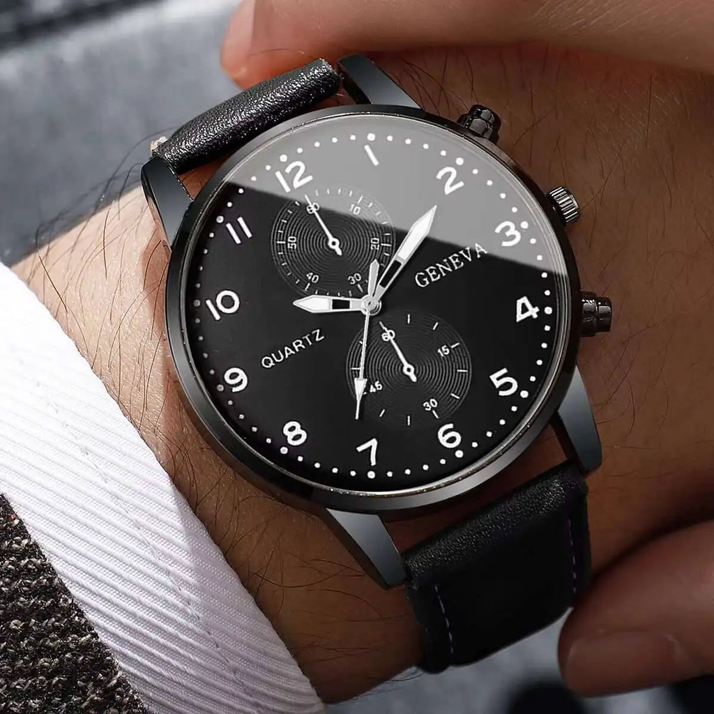 2PCS Three eye business casual trendy belt quartz watch high-end atmospheric watch large dial light luxury Qme