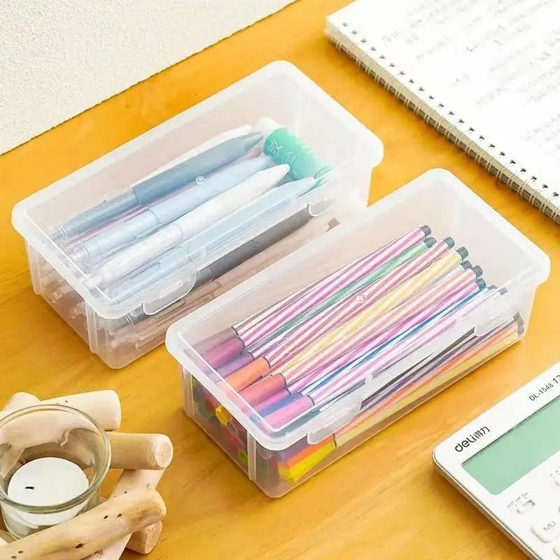 Black Transparent Plastic Storage Box Lid Desk Organizer Pens Pencils Qme
