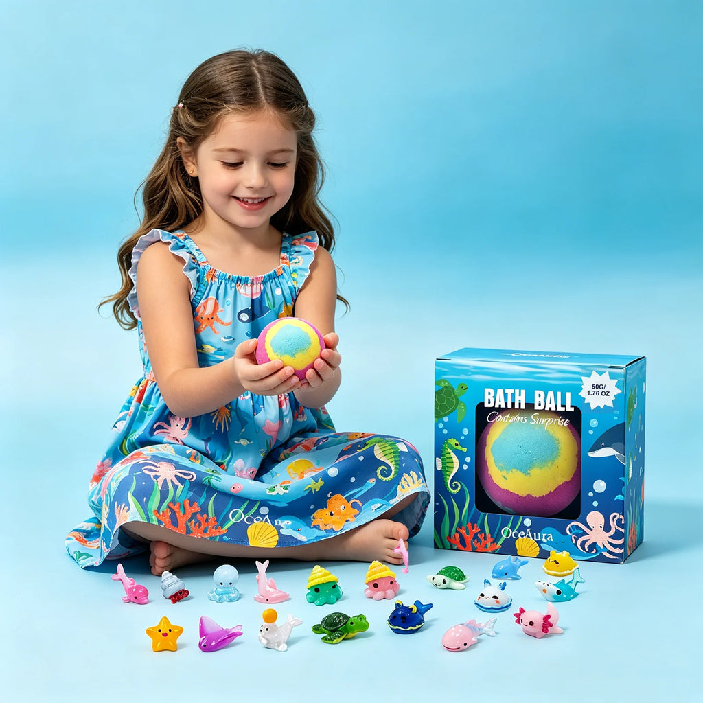 OceAura Kids Bath Ball with Random Marine Animal Toy for Over 3 Years Old Kids Skin Friendly Rich Foam Moisturizing Bath Ball Qme