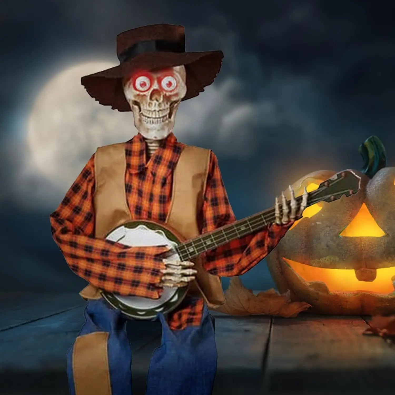 Animated Motion Sound Activated Musical Multi Lingual Banjo Skeletons Duo Halloween Fall Indoor Glowing Skeleton Skeleton Decor Qme