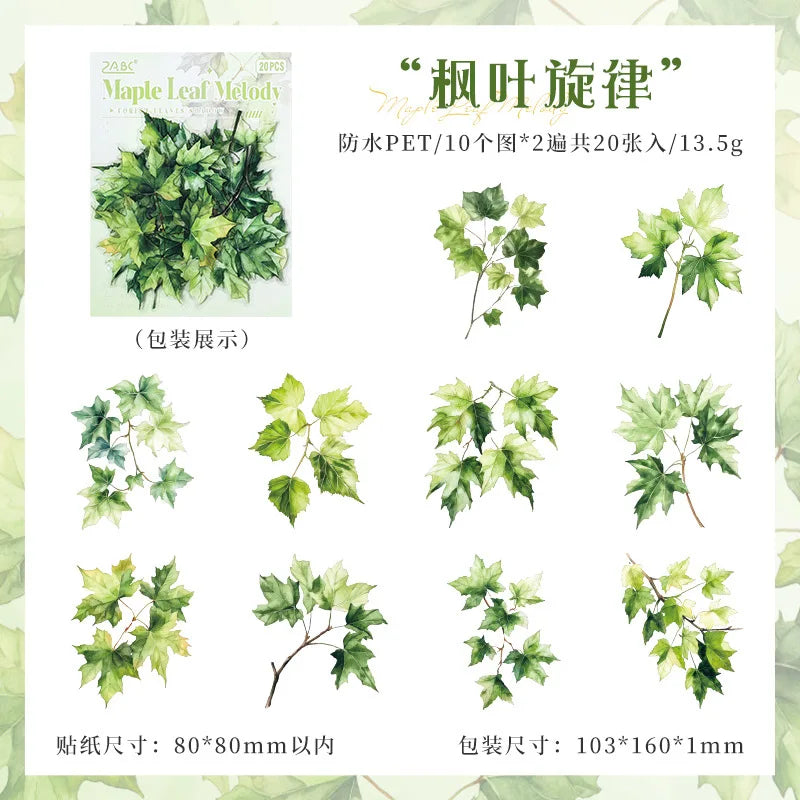 Vintage Green Leaf Flower Sticker Package,Notebook Decorative Stickers For Scrapbooking Label,Diary Sticker,Aesthetic Stationery Qme A-20 sheets in