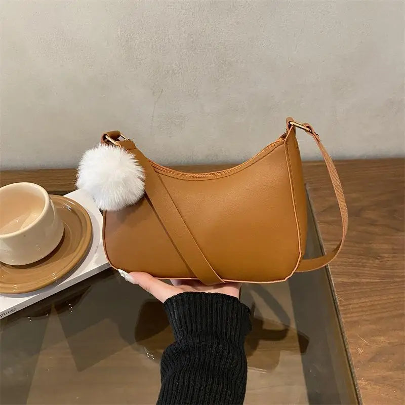 1Pcs Trendy And Simple Solid Color New Small Square Bag High Quality Fashion Single Shoulder Armpit Bag With Hairball Qme size1 E