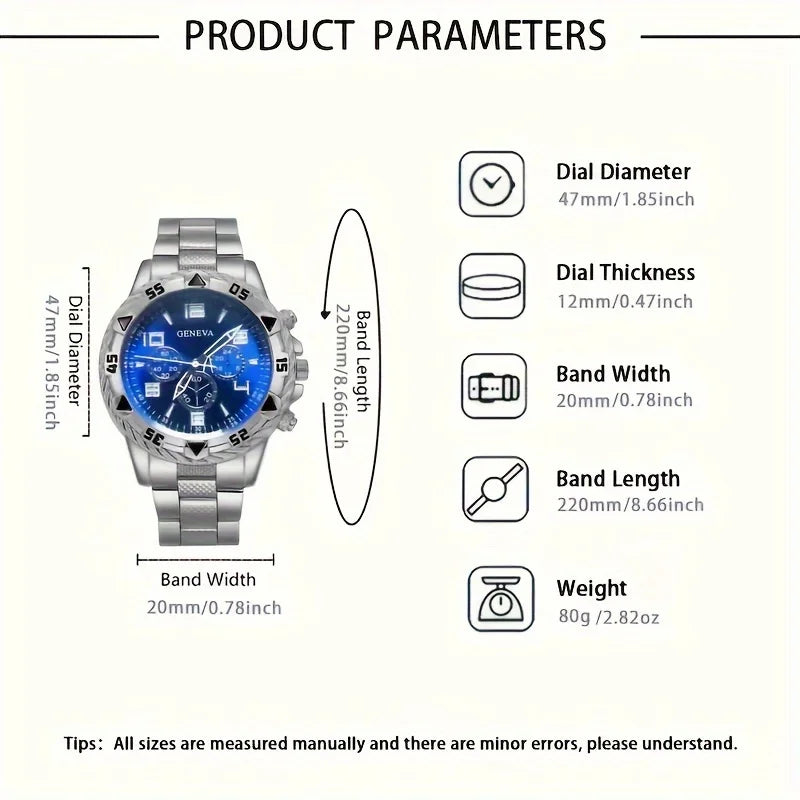 Men's Geneva Watch Set 4 Styles Luxury Chronograph Quartz Wristwatches Stainless Steel Band Business Casual Watch for Men Qme
