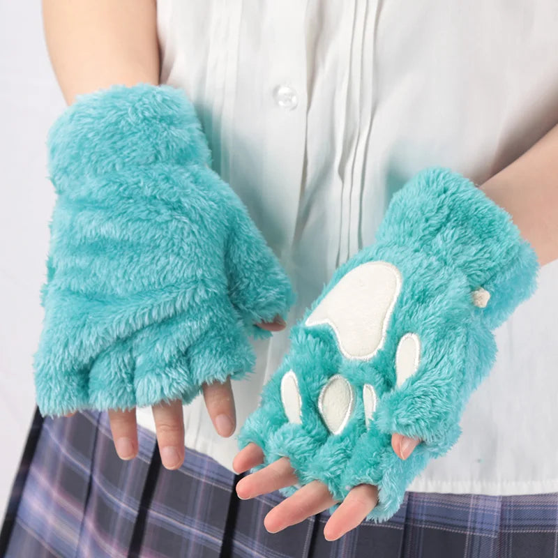 Women Cartoon Cat Claw Gloves Thickened Plush Lovely Bear Paw Exposed Qme Emerald Green One Size