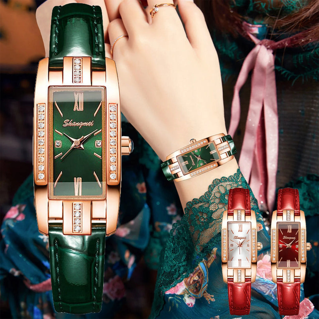 Small Rectangle Crystal Ladies Watch Rose Gold Roman Dial Glossy Leather Strap Women Elegant Dress Quartz Wristwatch Qme