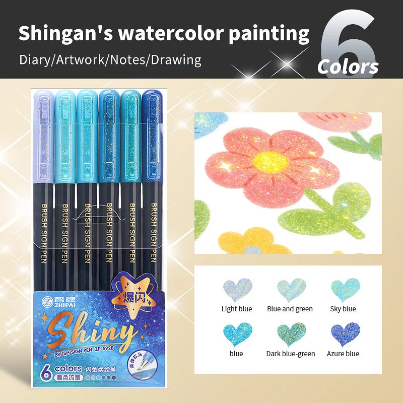 6Pcs Shiny Glitter Calligraphy Markers, Colorful Fluorescent Drawing Pens for DIY Painting Art Craft Stationery Supplies Qme black pen holder D