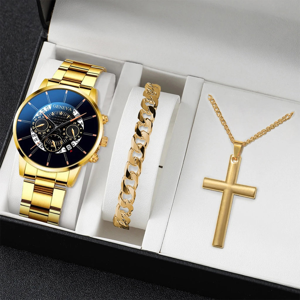3 Pcs/set Men's Fashion Business Watches Steel Band Male Quartz Watch Casual Necklace Bracelet Wrist Watch Set (Without Box) Qme 3