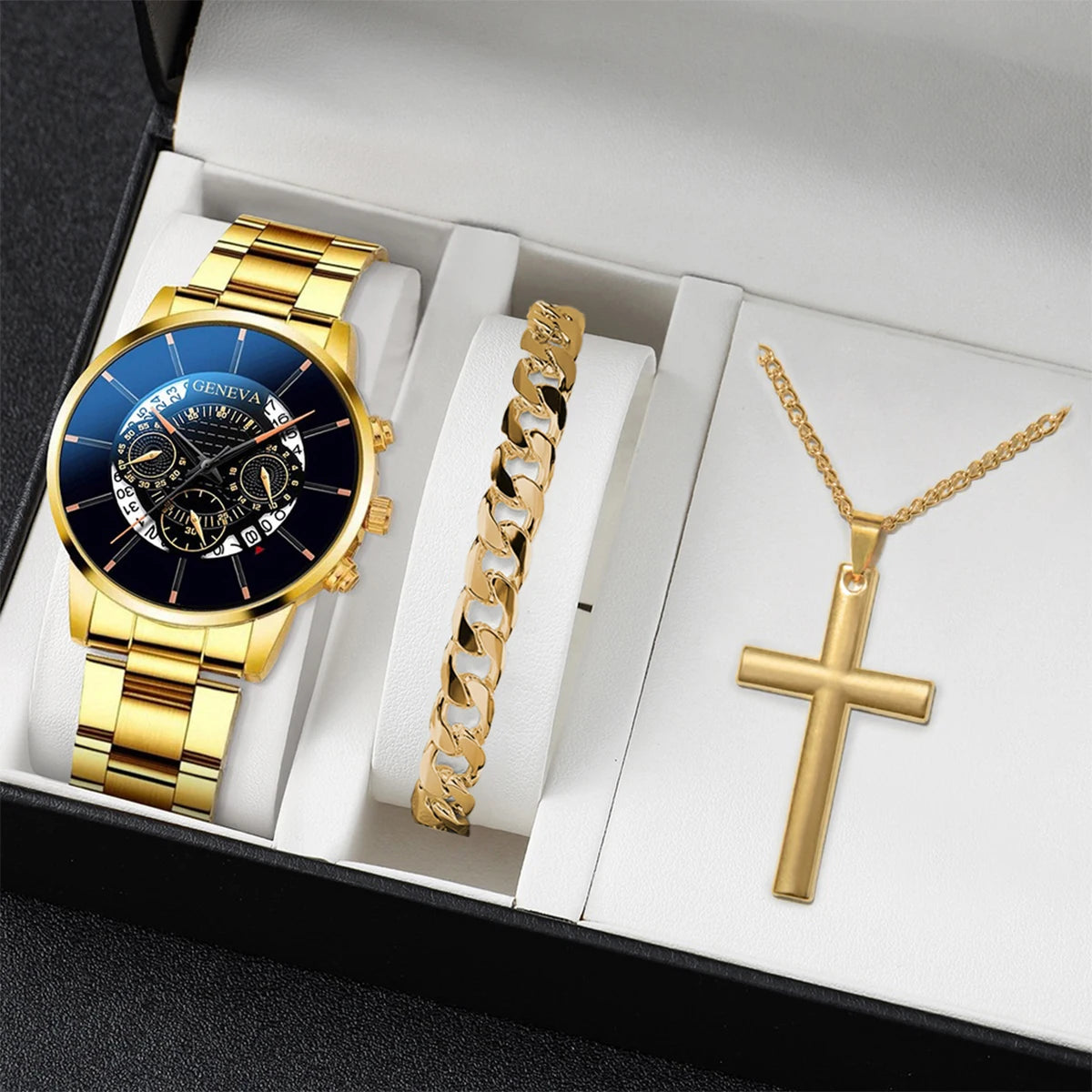 3 Pcs/set Men's Fashion Business Watches Steel Band Male Quartz Watch Casual Necklace Bracelet Wrist Watch Set (Without Box) Qme 3