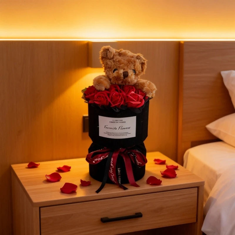 Valentine's Day Rose Bear Bouquet Artificial Flower Cute Decor Qme