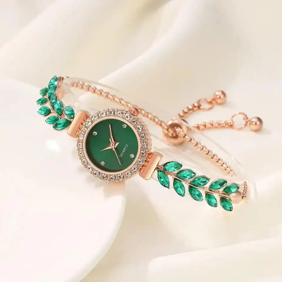 New diamond studded temperament, internet famous and popular bracelet, women's quartz watch, leaf jewelry set Qme