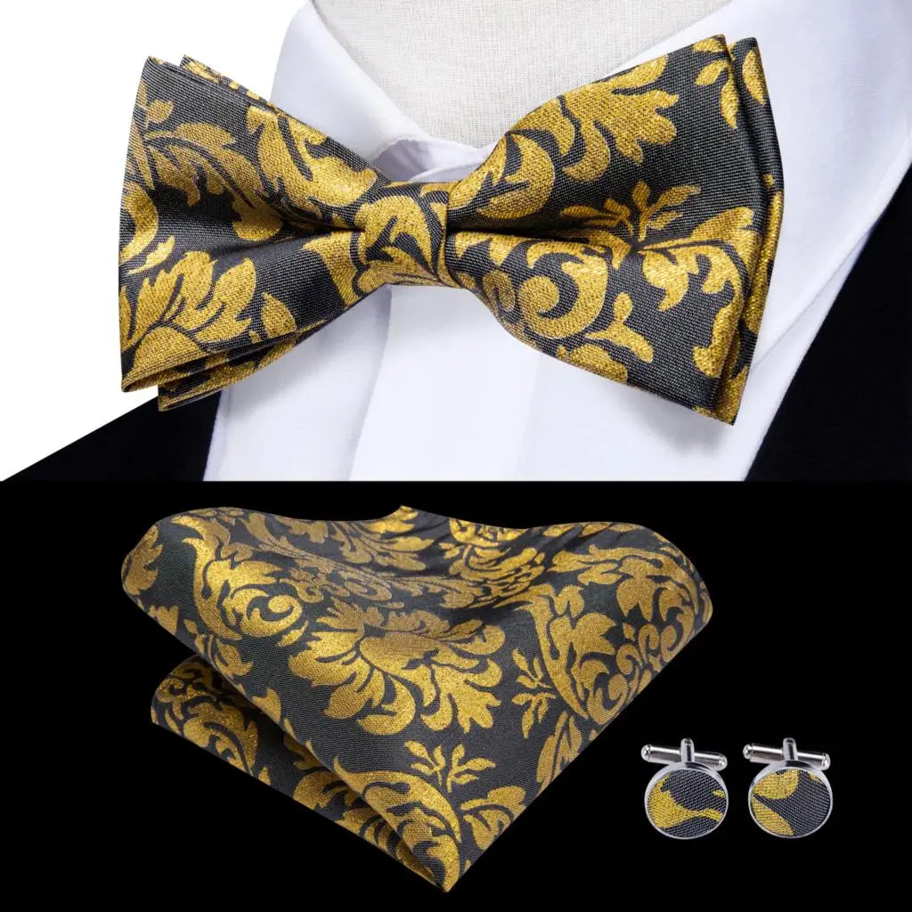 Beige Champagne Gold Mens Bow Tie Hanky Cufflinks Set Jacquard Floral Pre Tied Butterfly Bowtie for Male Wedding silk Business Qme LDLH0516