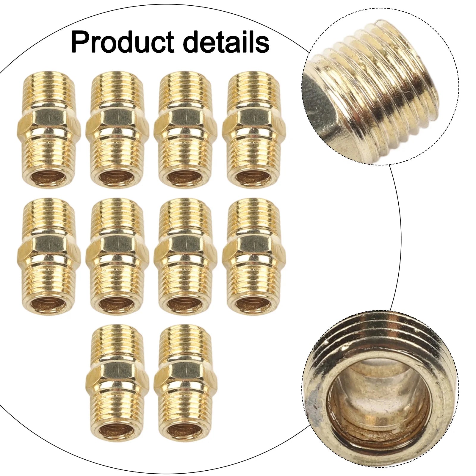 10 Pc Brass Pipe Hex Nipple Quick Coupler Adapter Connector 1/4 In For BSP Male To Male Thread Water Oil Air Connector Gold Tone Qme