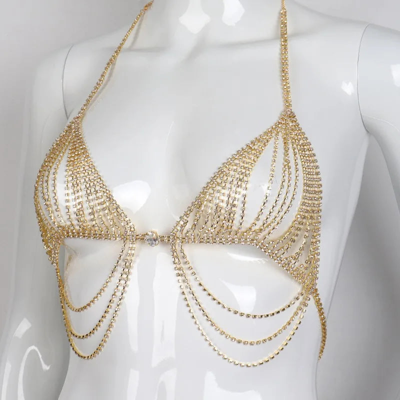 Flash Diamond Breast Chain Rhinestone Tassel Sexy Bikini Body Qme