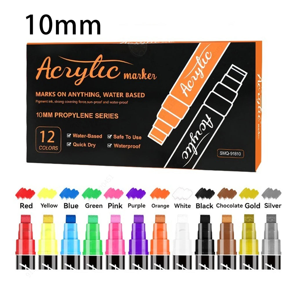 10/12 Colors Jumbo 15/10mm Acrylic Paint Marker Pen Set, Extra Broad Chisel Tips Rock Painting Graffitti POP Advertise Art Pens Qme 12 colors