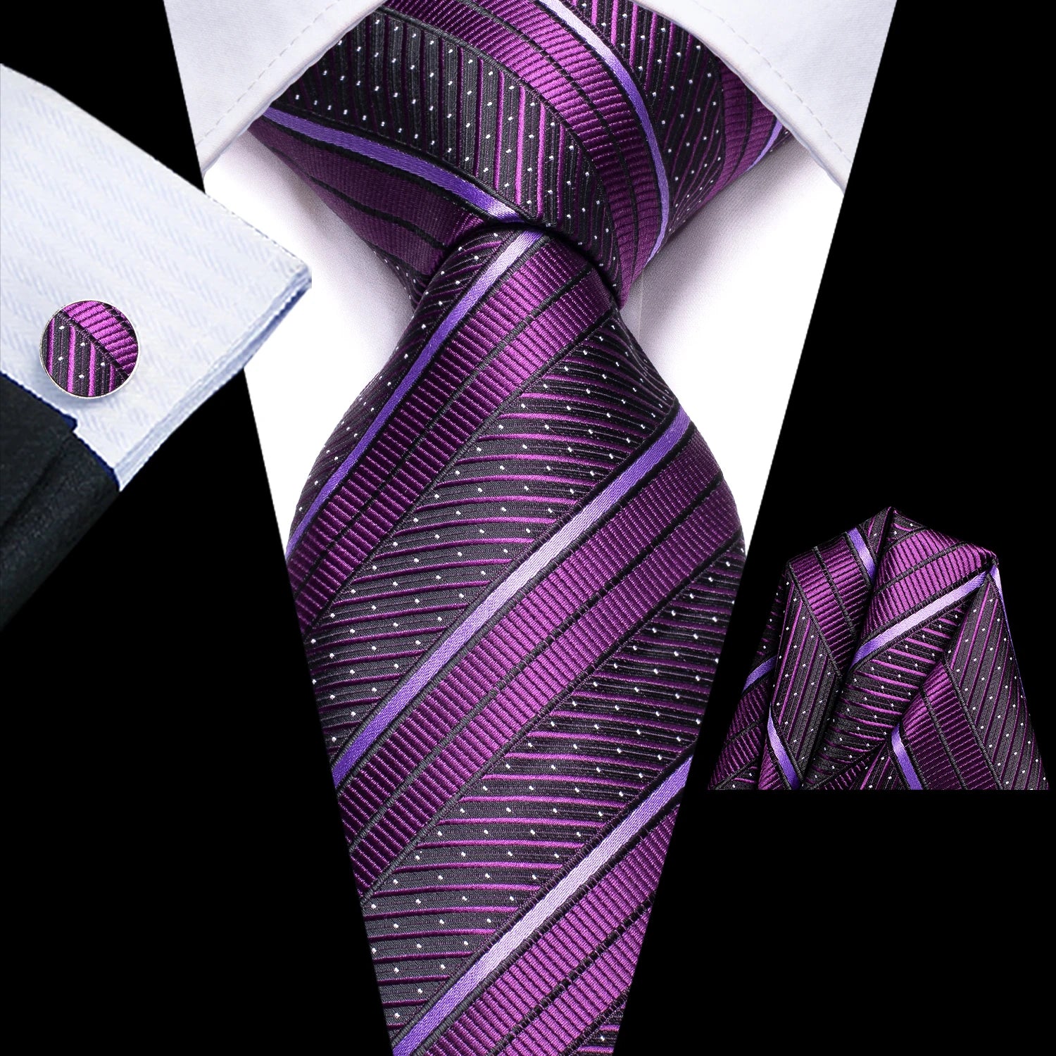 Hi-Tie 3pcs Mens Tie Purple Floral Stripes Solid Necktie Pocket Square Cufflinks Set Wedding Formal Casual Office Party Qme LDSN3474