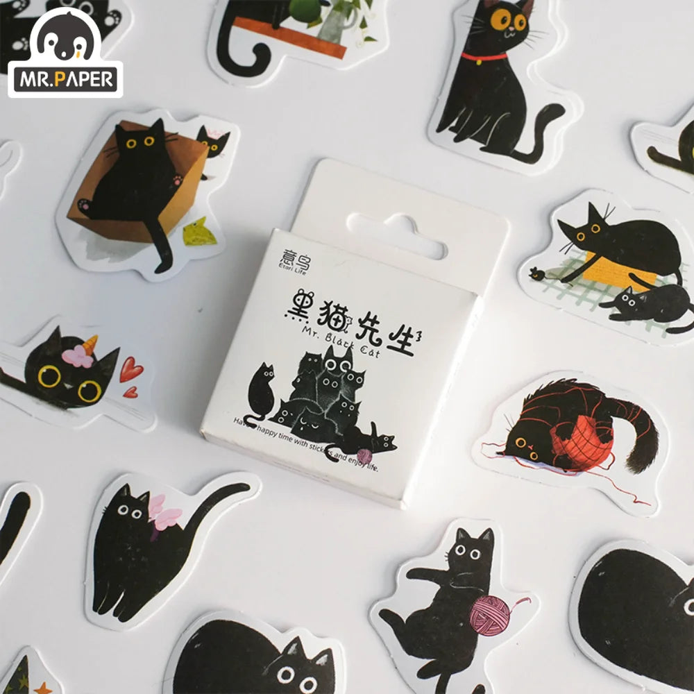 46pcs/Box Stickers Kawaii Black Cat Items DIY Handbook Stickers Boxed Cute Diary Greeting Card Sticker Stationery Decoration Qme