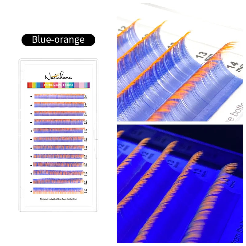 NATUHANA UV Glow Eyelash Extensions Fluorescent Neon Lashes Qme UV Blue Orange LU 0.07mm|8-14 Mixed