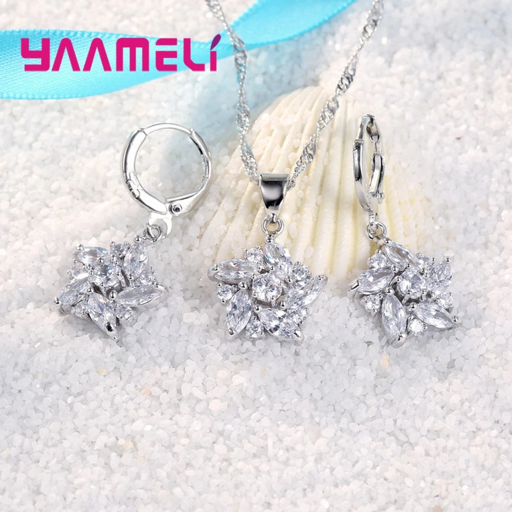 925 Sterling Silver Color Pendant Necklace Earrings Romantic Ethnic Style Windmill Shape Colorful/White Crystal Stone For Girl Qme