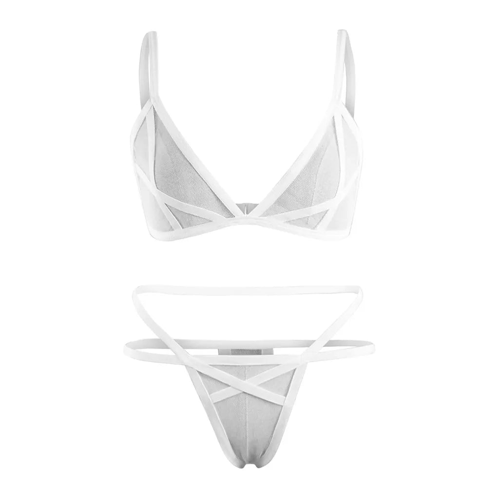 Ladies’ Solid Color Suspender Mesh Perspective Single-layer Underwear Sexy Breathable 1/2 Cup Seamless Non-adjustable Bra Set Qme