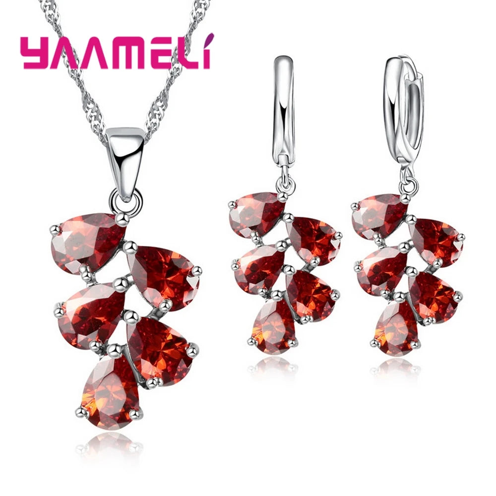 Anniversary Gift For Women Trendy 925 Sterling Silver Color Jewelry Sets Cubic Zirconia Pendants Necklaces Charm Hoop Earrings Qme