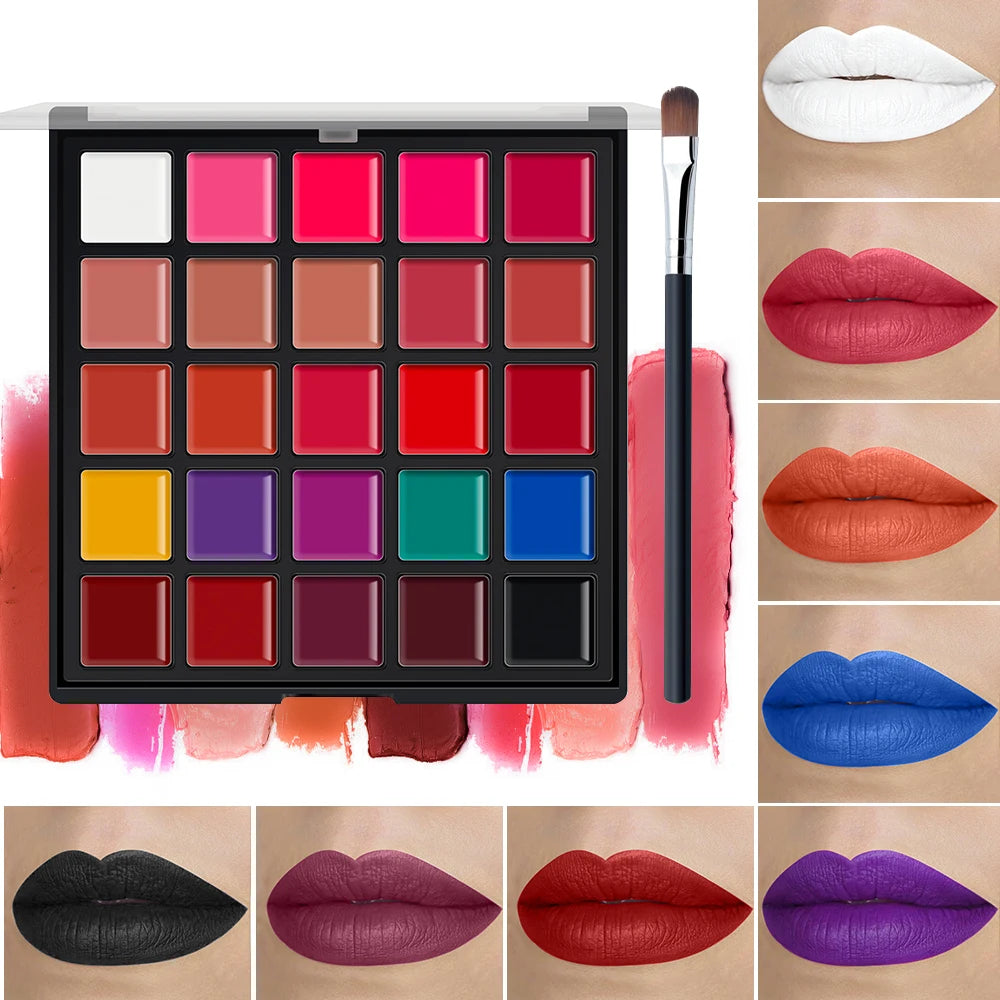 25 Colors Matte Lipstick Palette Lip Brush Long Lasting Waterproof Qme