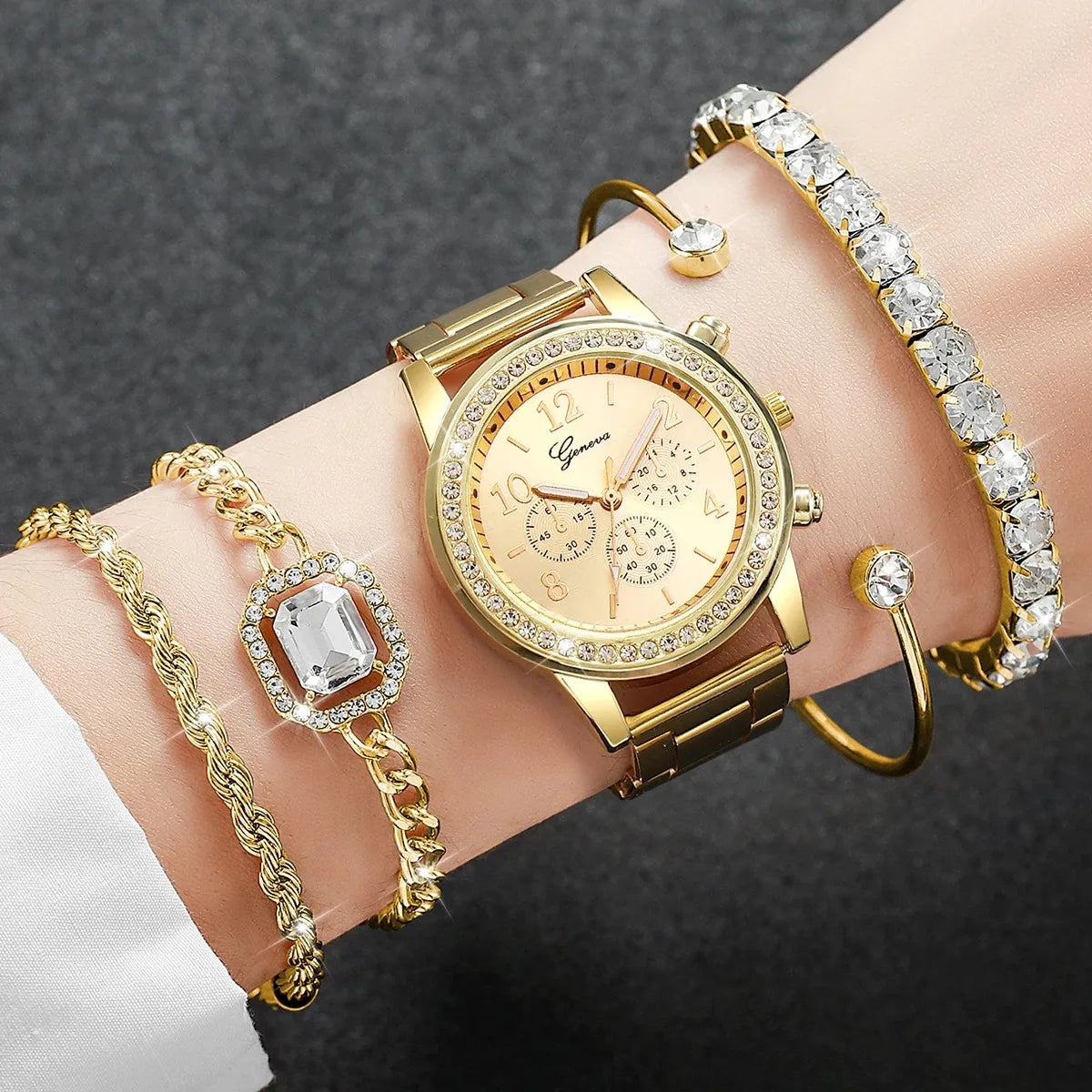 5PCS/Set Luxury Rhinestone Women Watches Ladies Arabic Dial Quartz Wristwatch Bracelet Set Reloj Mujer (Without Box) Qme Gold Without Box