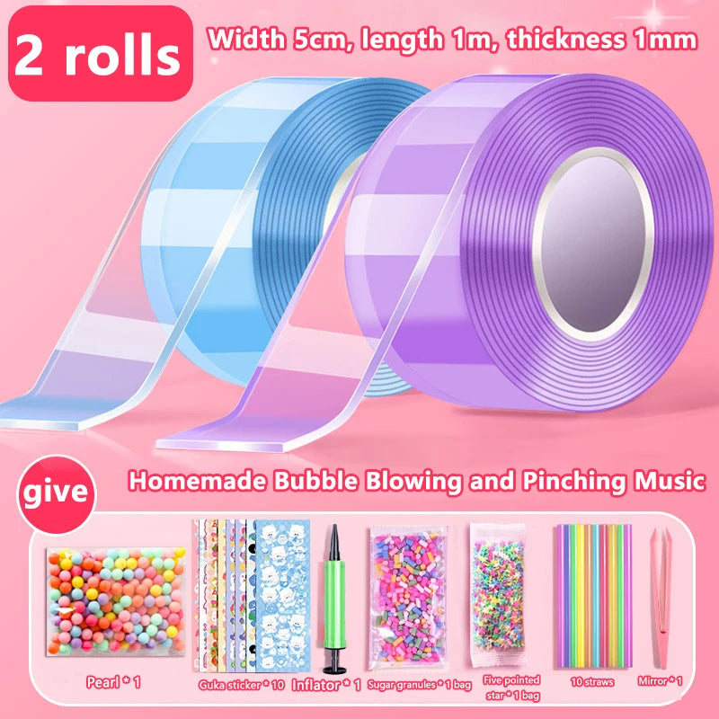Kids Gifts PET Nano Glue DIY Blow Bubble Double Sided Tape Sticky Qme A12