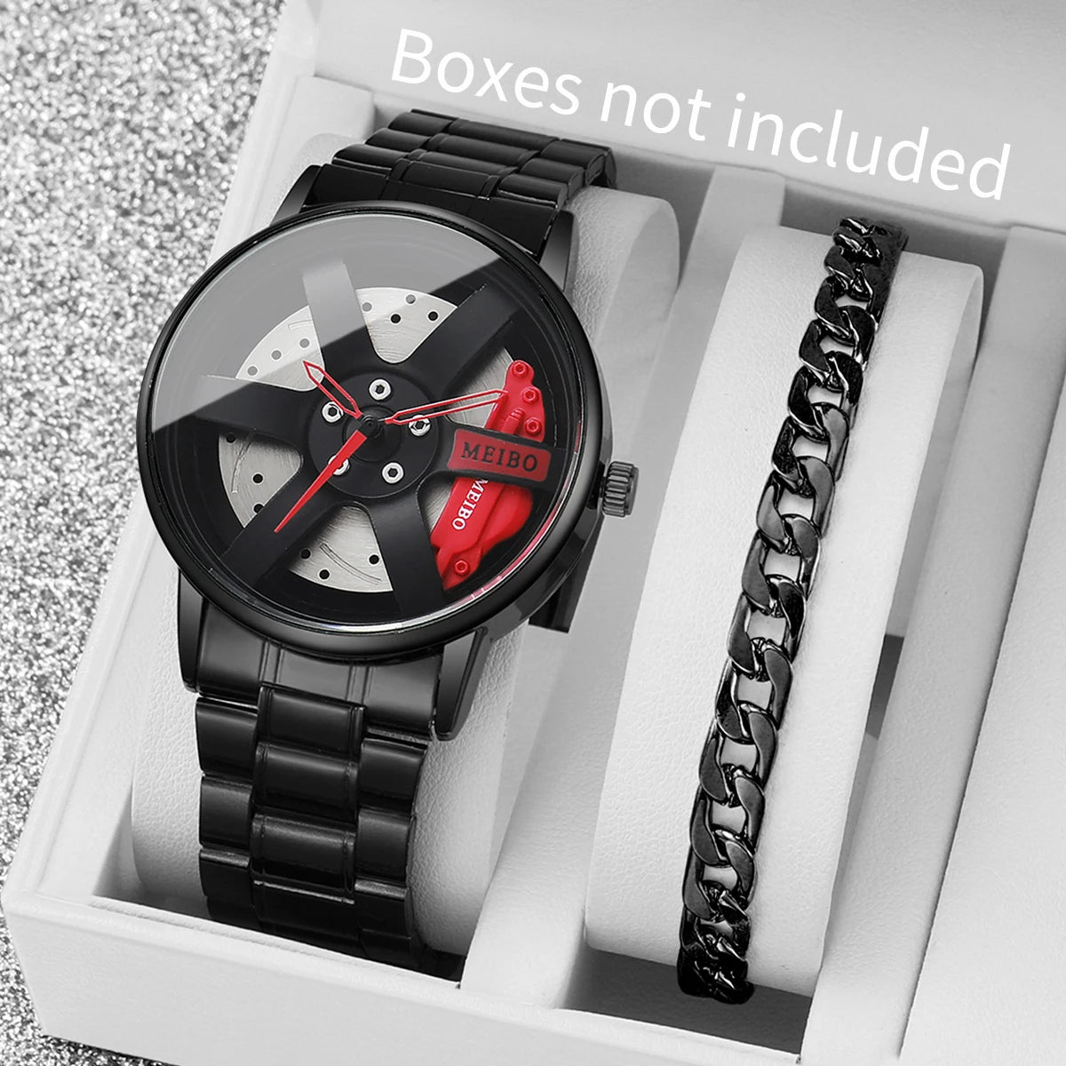 2pcs men's fashion sports watch 3D wheel strap with stainless steel men's watch quartz watch strap set (no box) Qme Red