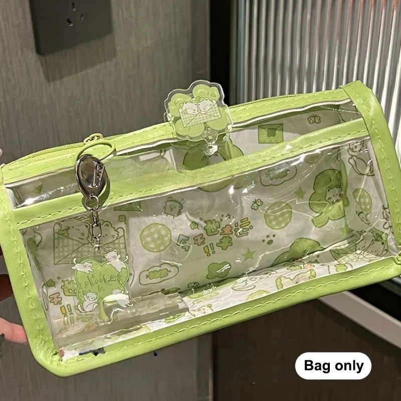 Multi-layer Vertical Cartoon Translucent Pencil Case Large-capacity Qme Green