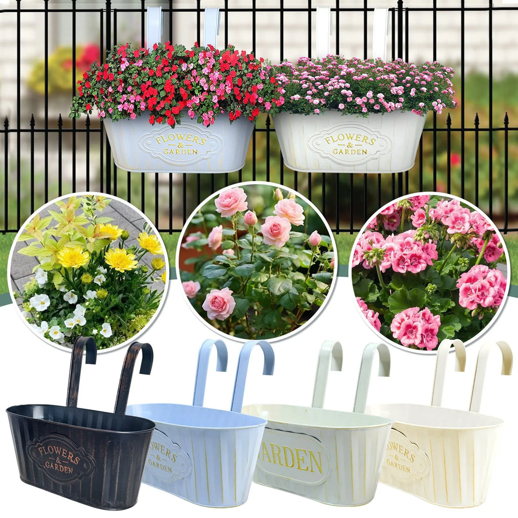 Home Garden Metal Iron Hanging Flower Pots Decks Railings Fence Buckets Boho Wall Mount Holder Hooks Removable Handle Qme